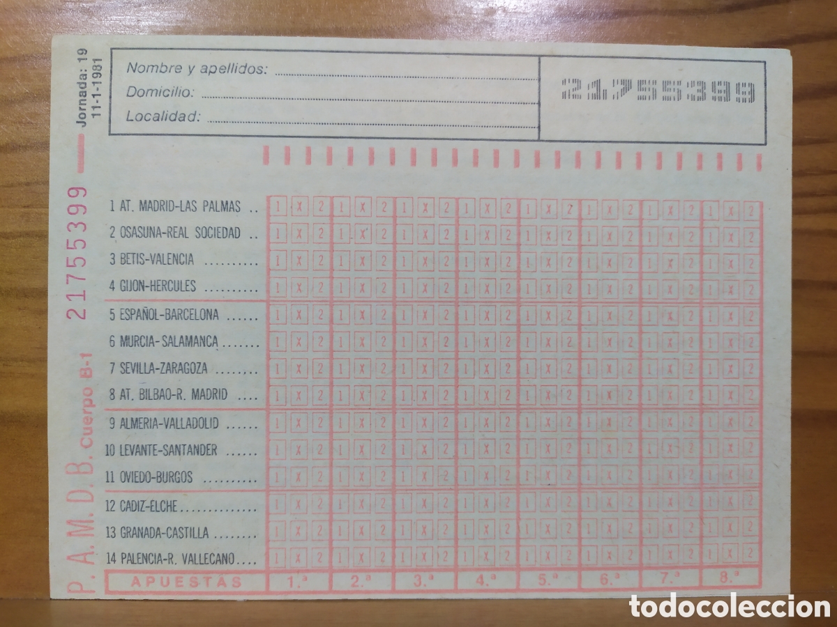 Otros Art&iacute;culos de Coleccionismo en Papel: Quiniela completa sin rellenar de la jornada: 19 del 11 de enero de 1981