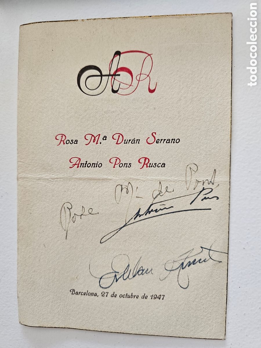 Sammelleidenschaft Andere Papierartikel: Men&uacute; de boda del Hotel Ritz de Barcelona, Rosa M&ordf; Dur&aacute;n Serrano Antonio Pons Rusca 1947