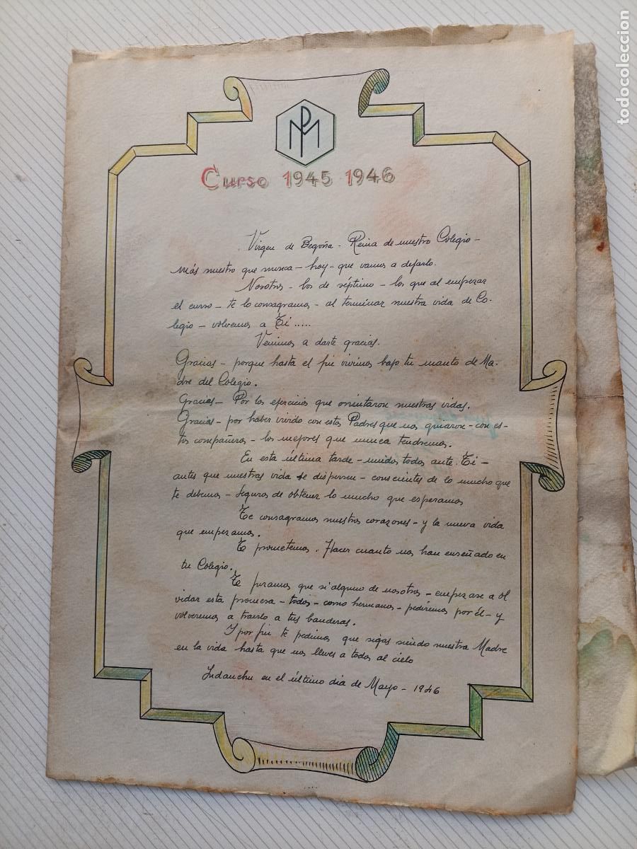 Otros Art&iacute;culos de Coleccionismo en Papel: Colegio. Diploma. Postguerra. Virgen de Bego&ntilde;a, Indauchu, Bilbao. 1945 1946 1947 con firmas