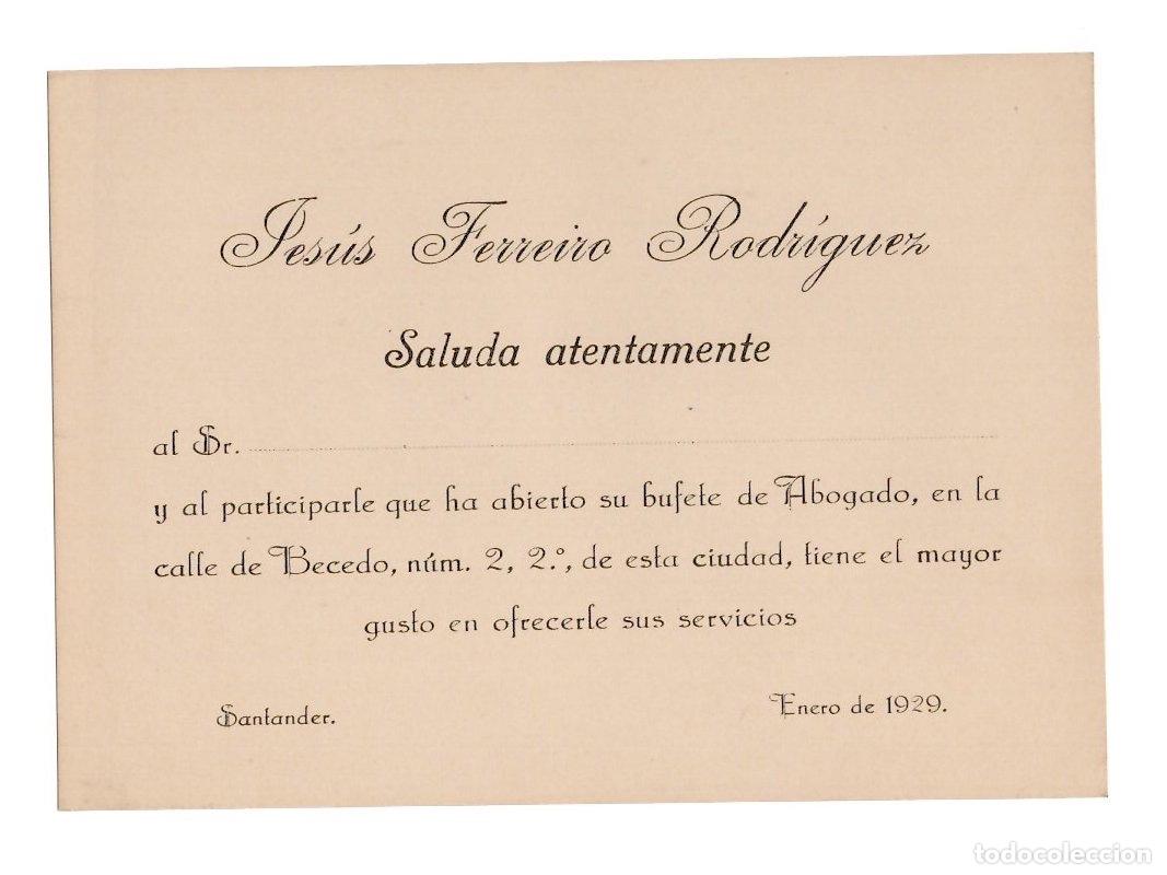 Otros Art&iacute;culos de Coleccionismo en Papel: SALUDA PARTICIPANDO LA APERTURA DE BUFETE DE ABOGADO. JESUS FERREIRO RODRIGUEZ, SANTANDER 1929