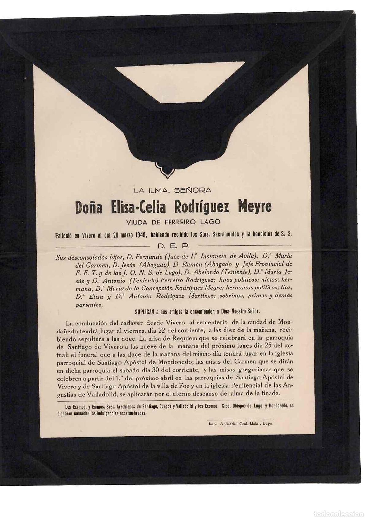 Otros Art&iacute;culos de Coleccionismo en Papel: SOBRE ESQUELA ELISA-CELIA RODRIGUEZ MEYRE. VIVERO, 20 DE MARZO DE 1940