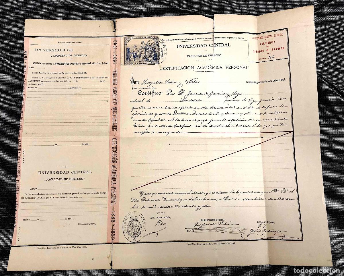 Otros Art&iacute;culos de Coleccionismo en Papel: CERTIFICACION ACADEMICA FACULTAD DE DERECHO UNIVERSIDAD CENTRAL. MADRID, A&Ntilde;O 1888