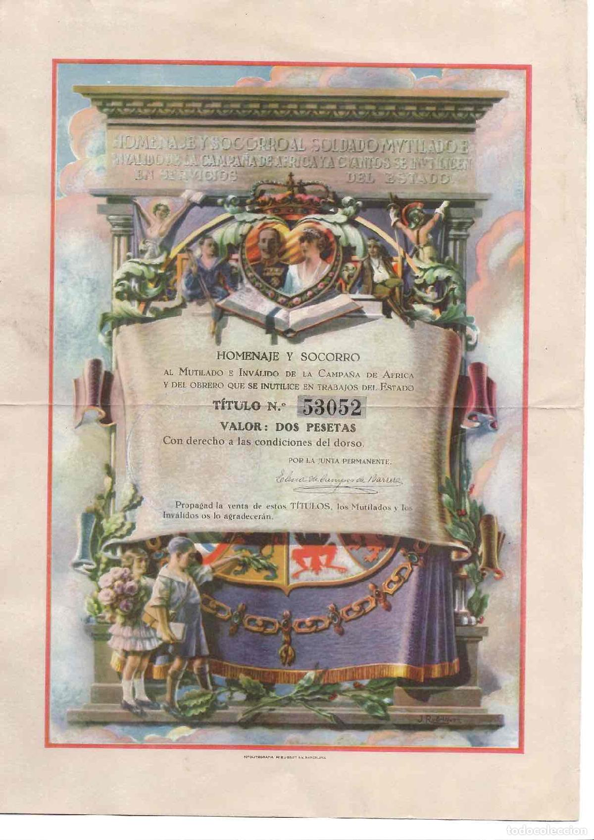 Otros Art&iacute;culos de Coleccionismo en Papel: TITULO HOMENAJE Y SOCORRO AL SOLDADO MUTILADO E INVALIDO DE LA CAMPA&Ntilde;A DE AFRICA, 1927