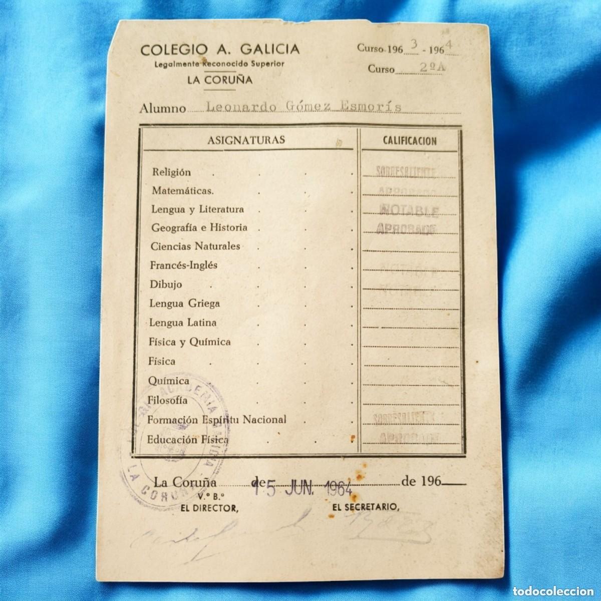 Collectionnisme Papier divers: Certificado de Calificaciones Original 1964 &ndash; Colegio Academia Galicia La Coru&ntilde;a &ndash; Documento Escolar
