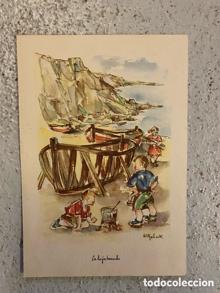 Otros Art&iacute;culos de Coleccionismo en Papel: L&aacute;mina Antigua &rdquo;Calafateando&rdquo; - Ortiz Valiente (1952) - Serie Ni&ntilde;os de Espa&ntilde;a