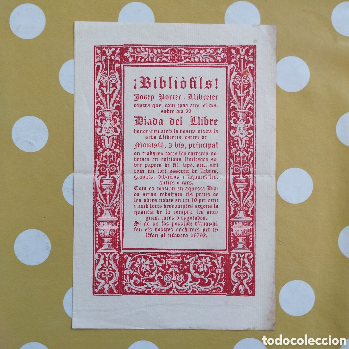 Otros Art&iacute;culos de Coleccionismo en Papel: JOSEP PORTER LLIBRETER ANUNCI SANT JORDI BIBLIOFILS! DIADA DEL LLIBRE 1967 (?)