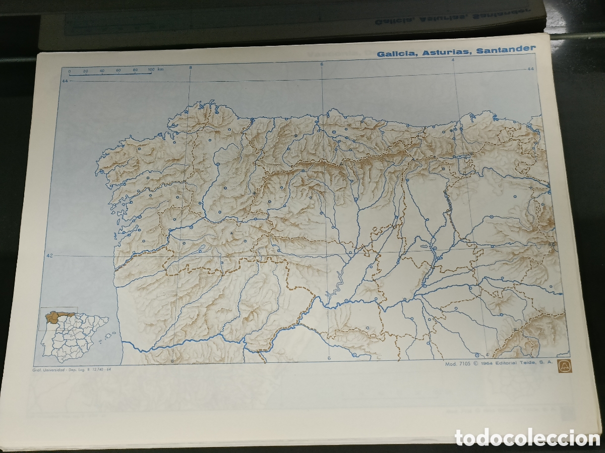 Otros Art&iacute;culos de Coleccionismo en Papel: Vintage 1964 Mapa f&iacute;sico Galicia, Asturias y Santander Editorial Teide SA Mod. 7015