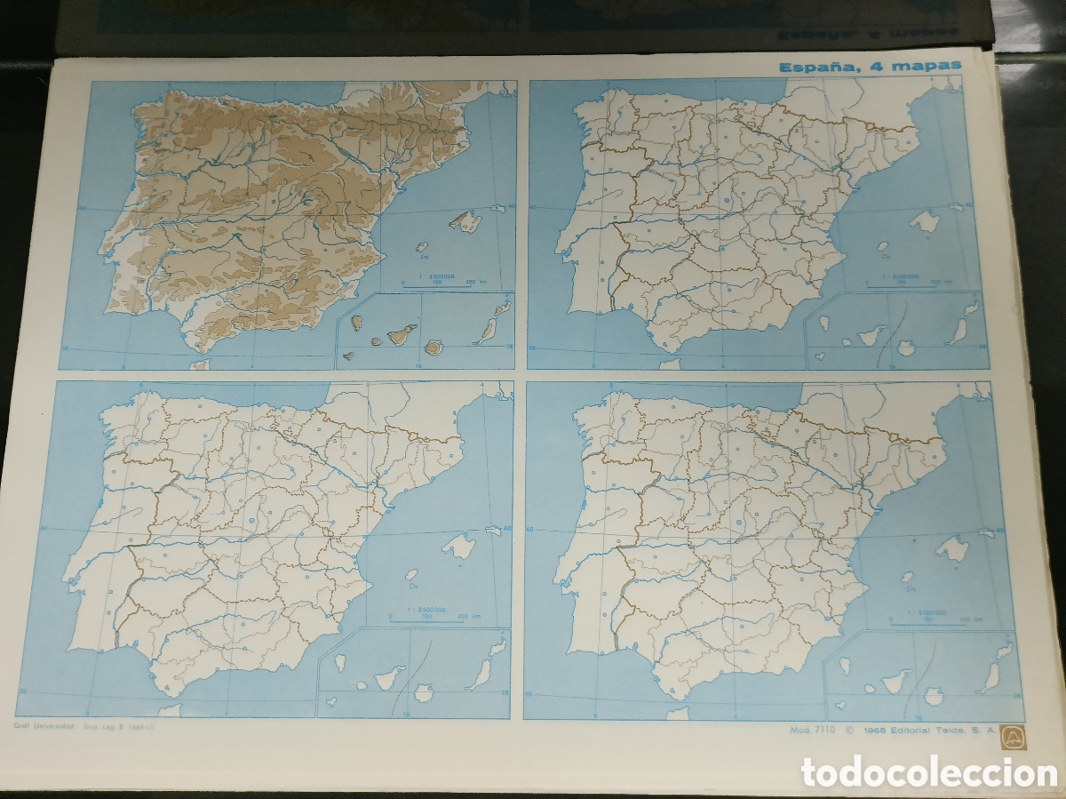 Otros Art&iacute;culos de Coleccionismo en Papel: Vintage 1964 Mapa f&iacute;sico Espa&ntilde;a 4 mapas Editorial Teide SA Mod. 7110