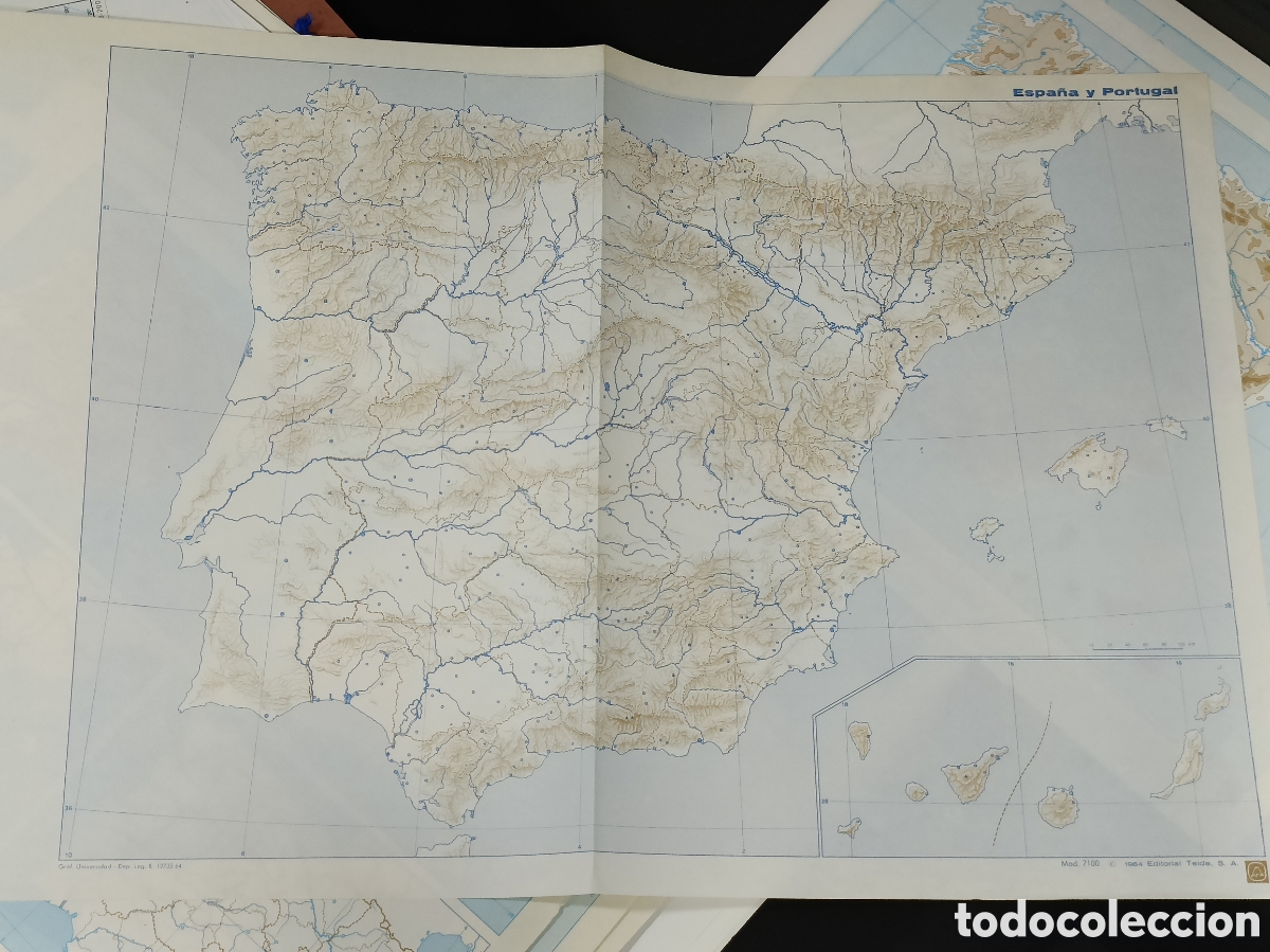 Otros Art&iacute;culos de Coleccionismo en Papel: Vintage 1964 Mapa f&iacute;sico Espa&ntilde;a y Portugal Editorial Teide SA Mod. 7100