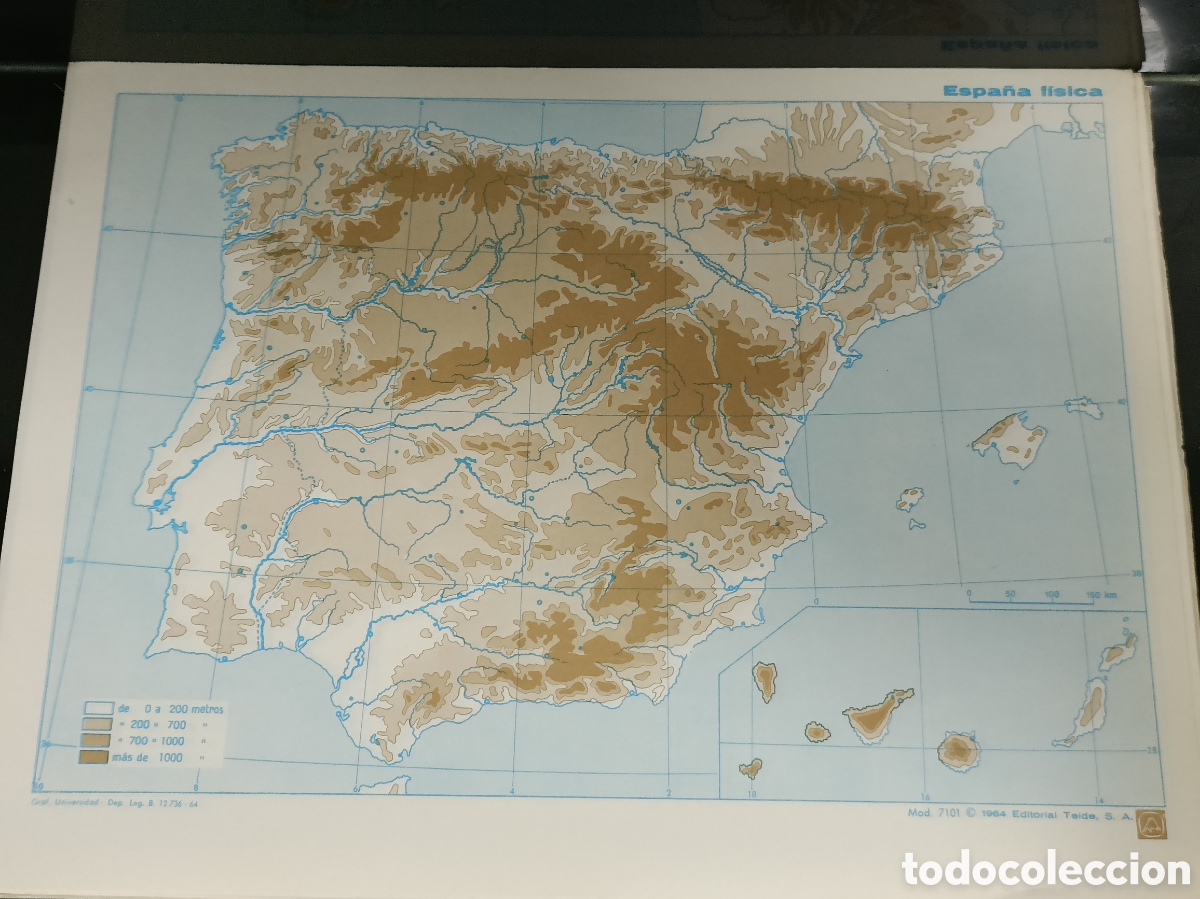 Otros Art&iacute;culos de Coleccionismo en Papel: Vintage 1964 Mapa f&iacute;sico Espa&ntilde;a Editorial Teide SA Mod. 7101