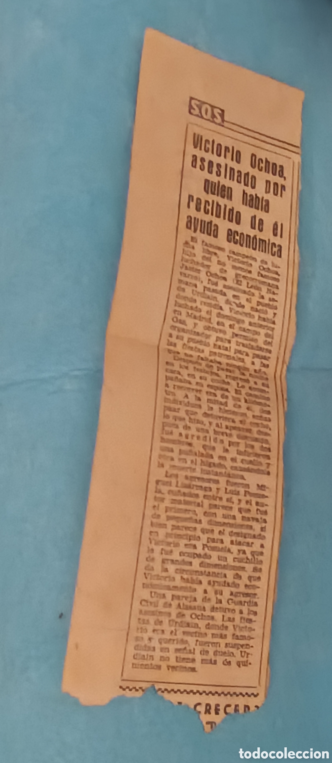 Otros Art&iacute;culos de Coleccionismo en Papel: RECORTE DE PERI&Oacute;DICO DE LA MUERTE DE VICTORIO OCHOA