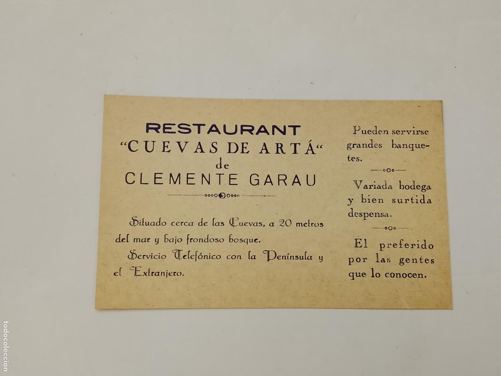 Otros Art&iacute;culos de Coleccionismo en Papel: RESTAURANT CUEVAS DE ART&Aacute; DE CLEMENTE GARAU - TARJETA PUBLICIDAD ANTIGUA -VER FOTOS-(115.513)