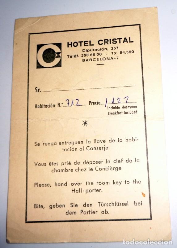 Otros Art&iacute;culos de Coleccionismo en Papel: TARJETA LLAVE DE HOTEL. HOTEL CRISTAL. BARCELONA. ANTIGUA