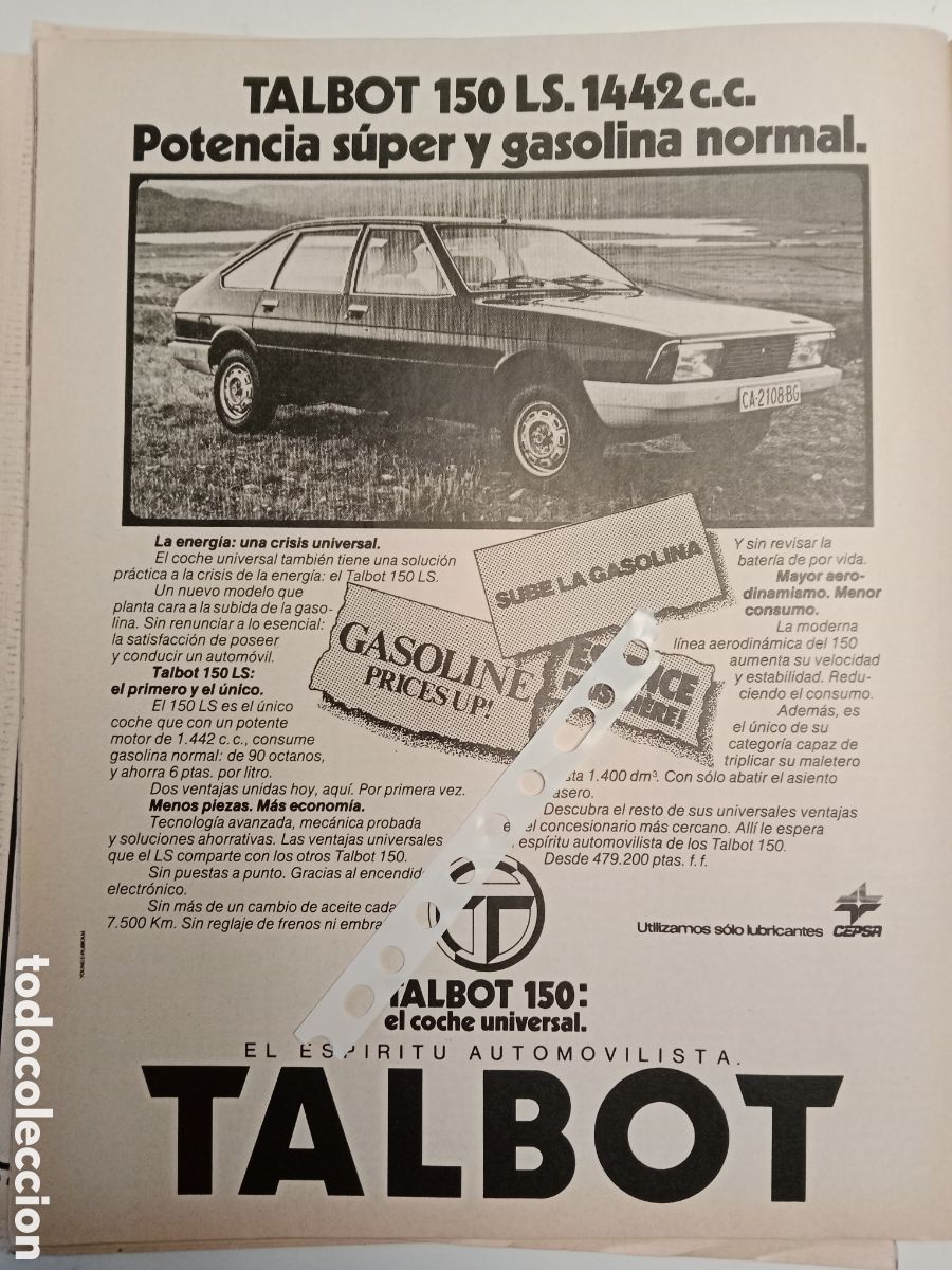 Otros Art&iacute;culos de Coleccionismo en Papel: Publicidad autom&oacute;vil Talbot 150 de 1979