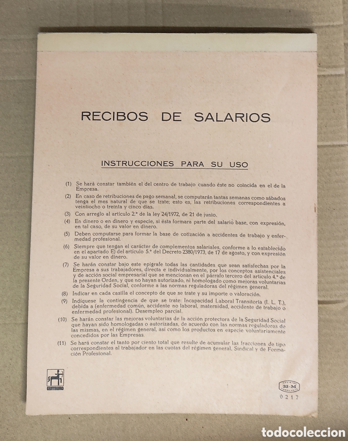 Otros Art&iacute;culos de Coleccionismo en Papel: Bloc completo de Recibos de salarios, Centauro mod 0217