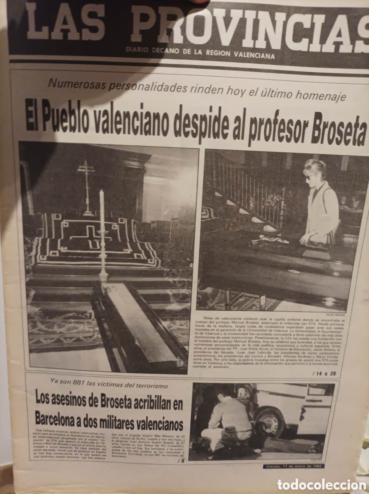 Otros Art&iacute;culos de Coleccionismo en Papel: LAS PROVINCIAS 17 ENERO 1992 EL PUEBLO DESPIDE A MANUEL BROSETA