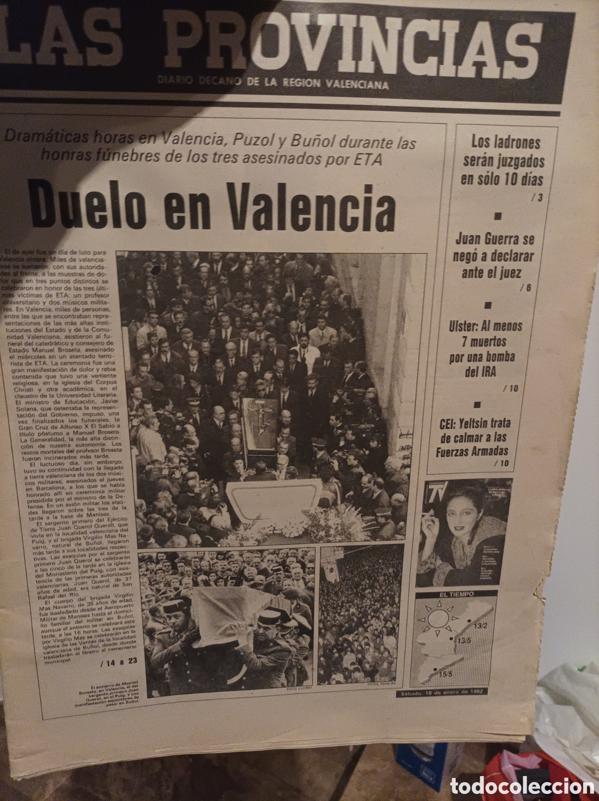 Otros Art&iacute;culos de Coleccionismo en Papel: LAS PROVINCIAS 18 ENERO 1992 DUELO EN VALENCIA PPR MANUEL BROSETA