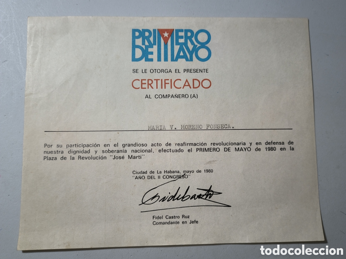 Otros Art&iacute;culos de Coleccionismo en Papel: Cuba, certificado participaci&oacute;n primero mayo 1980,firma Fidel Castro.