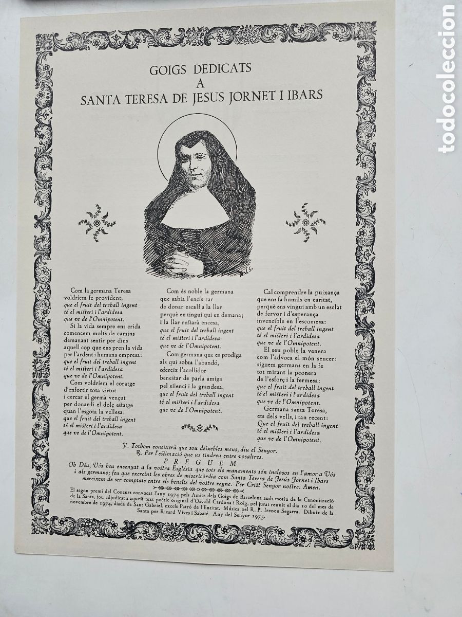 Otros Art&iacute;culos de Coleccionismo en Papel: Goigs Gozos a Santa Teresa de Jes&uacute;s Jornet i Ibars Ricard Vives 1975