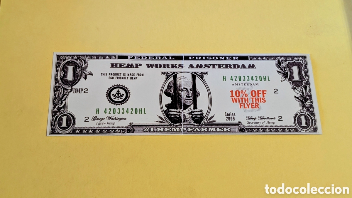Otros Art&iacute;culos de Coleccionismo en Papel: Billete 1 Dolar. Publicidad Hemp Works Amsterdam