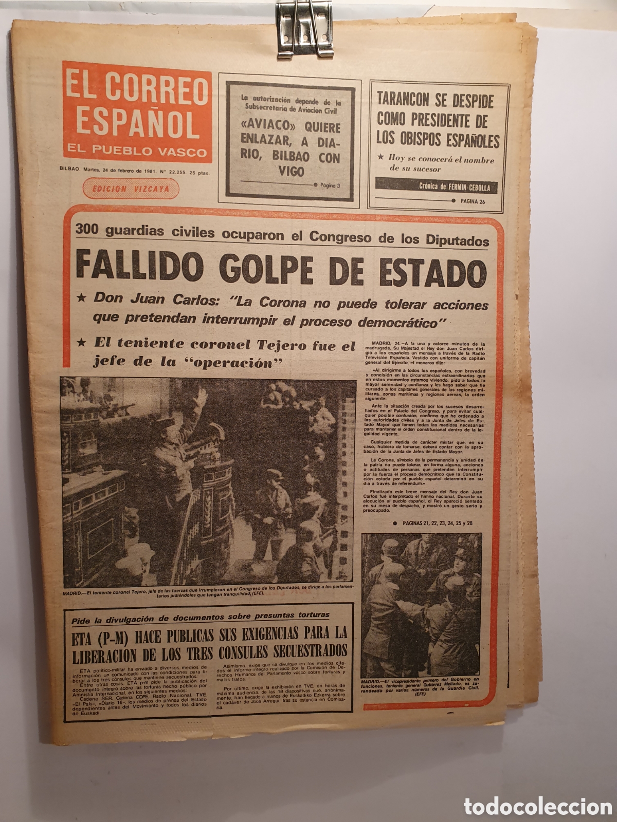 Otros Art&iacute;culos de Coleccionismo en Papel: 23-F. EL CORREO. EL PERIODICO DEL DIA DESPUES. BILBAO 24 FEBRERO 1981. FALLIDO GOLPE DE ESTADO.