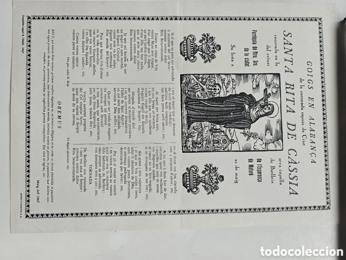 Otros Art&iacute;culos de Coleccionismo en Papel: Goigs Gozos a Santa Rita de Cassi&agrave; Nostra Senyora de L'Esperan&ccedil;a Matar&oacute; 1967