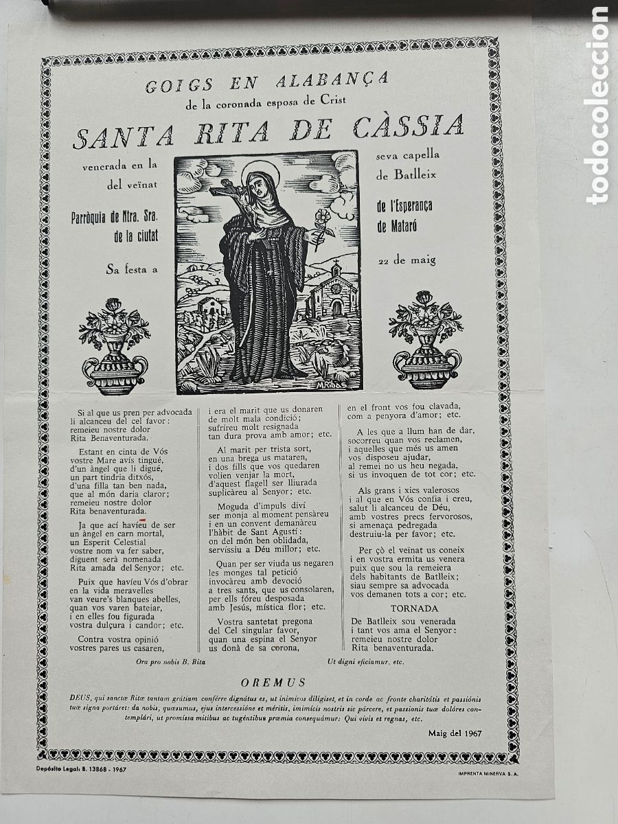 Sammelleidenschaft Andere Papierartikel: Goigs Gozos a Santa Rita de Cassi&agrave; Nostra Senyora de L'Esperan&ccedil;a Matar&oacute; 1967