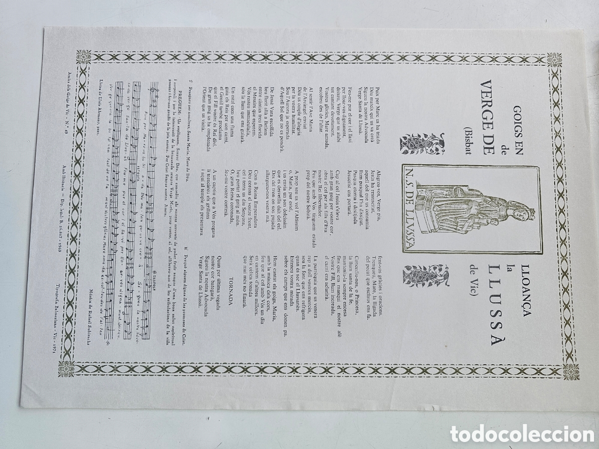 Otros Art&iacute;culos de Coleccionismo en Papel: Goigs Gozos a la Verge de Lluss&aacute;, 1971 Bisbat de Vic