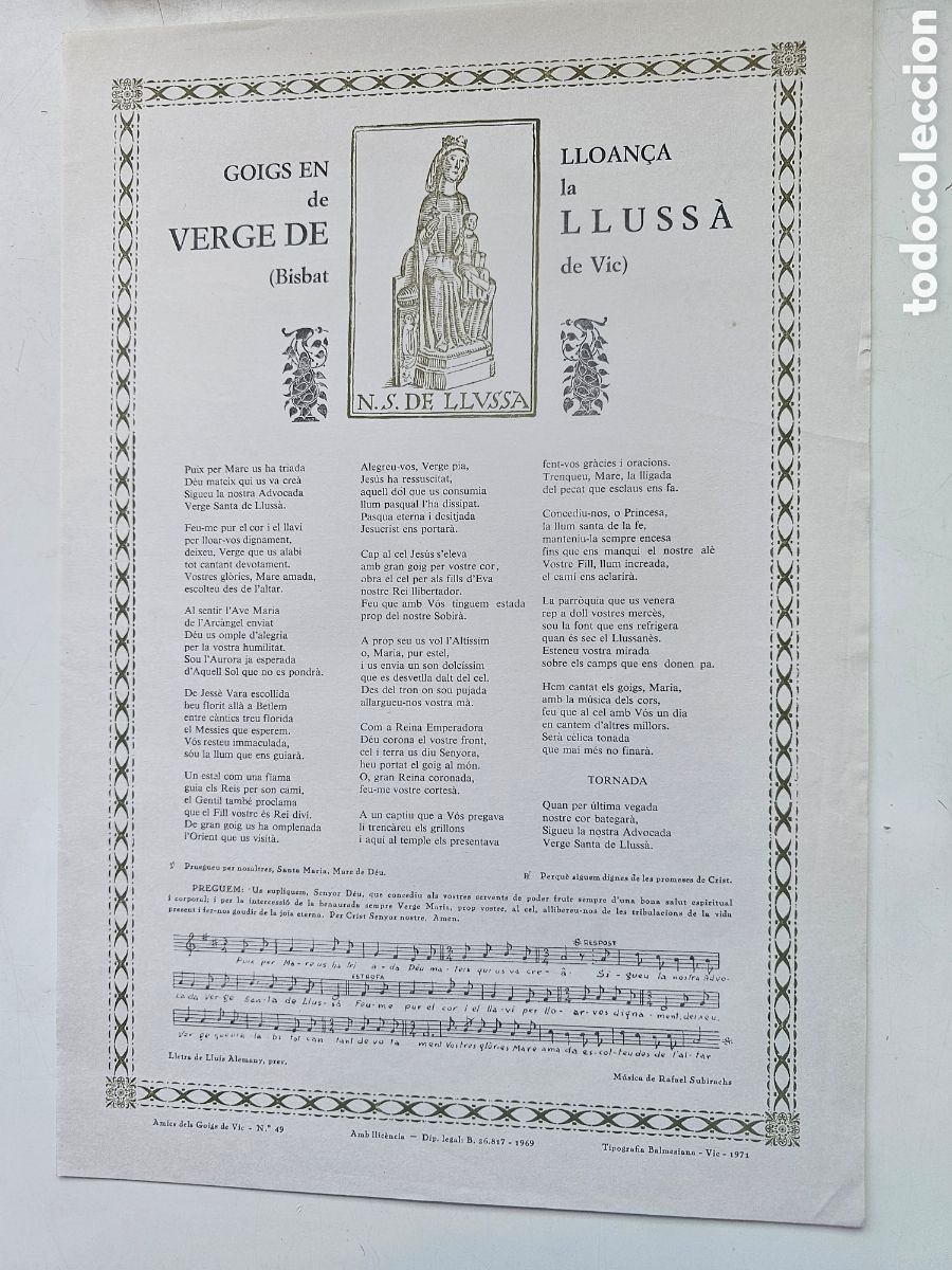 Sammelleidenschaft Andere Papierartikel: Goigs Gozos a la Verge de Lluss&aacute;, 1971 Bisbat de Vic
