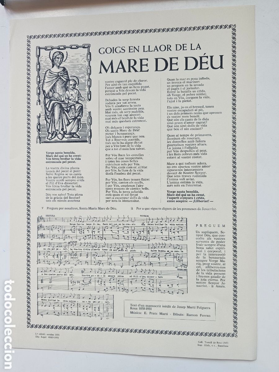 Sammelleidenschaft Andere Papierartikel: Goigs Gozos a la Mare de D&eacute;u Torrell de Reus 1&ordf; edici&oacute;n 1971