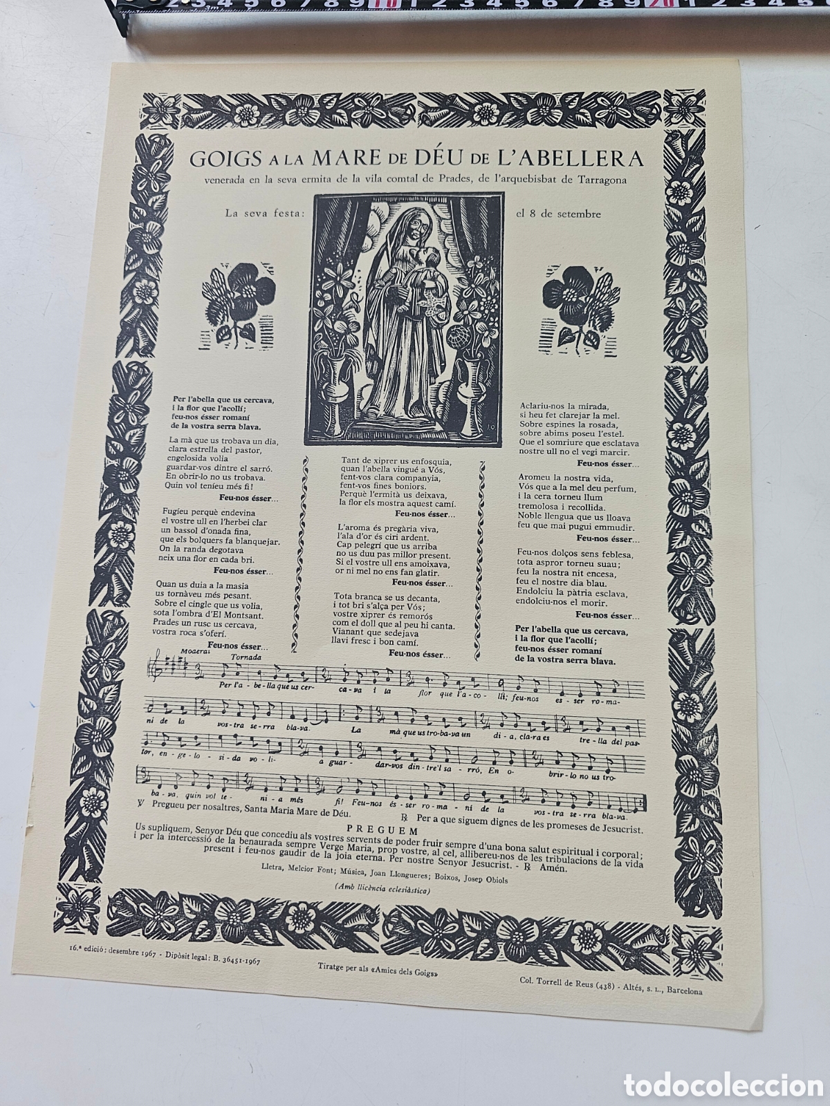Otros Art&iacute;culos de Coleccionismo en Papel: Goigs Gozos a la Mare de D&eacute;u de l'Abellera, Prades 1967 Torrell de Reus 438