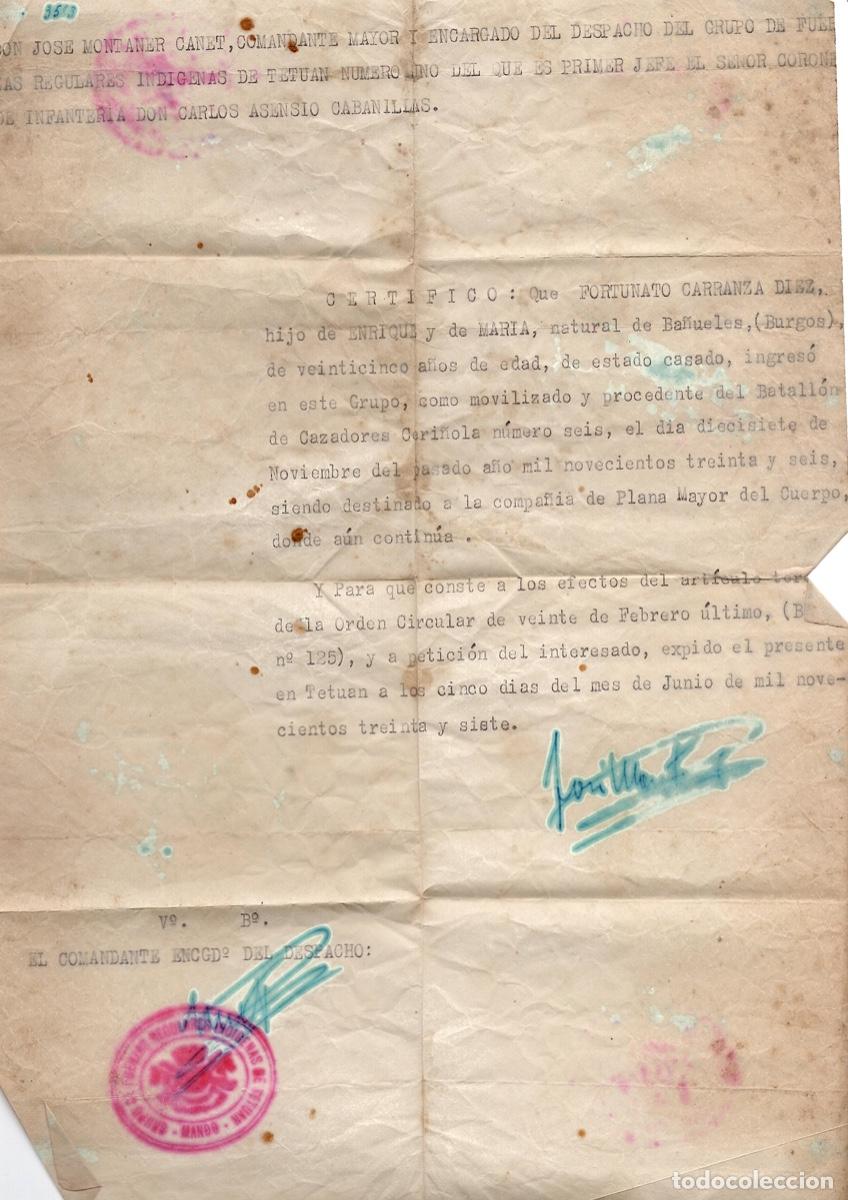 Otros Art&iacute;culos de Coleccionismo en Papel: CARTA DE INGRESO EN EL CUERPO DE FUERZAS REGULARES DE INDIGENAS DE TETUAN, A&Ntilde;O 1937. GUERRA CIVIL