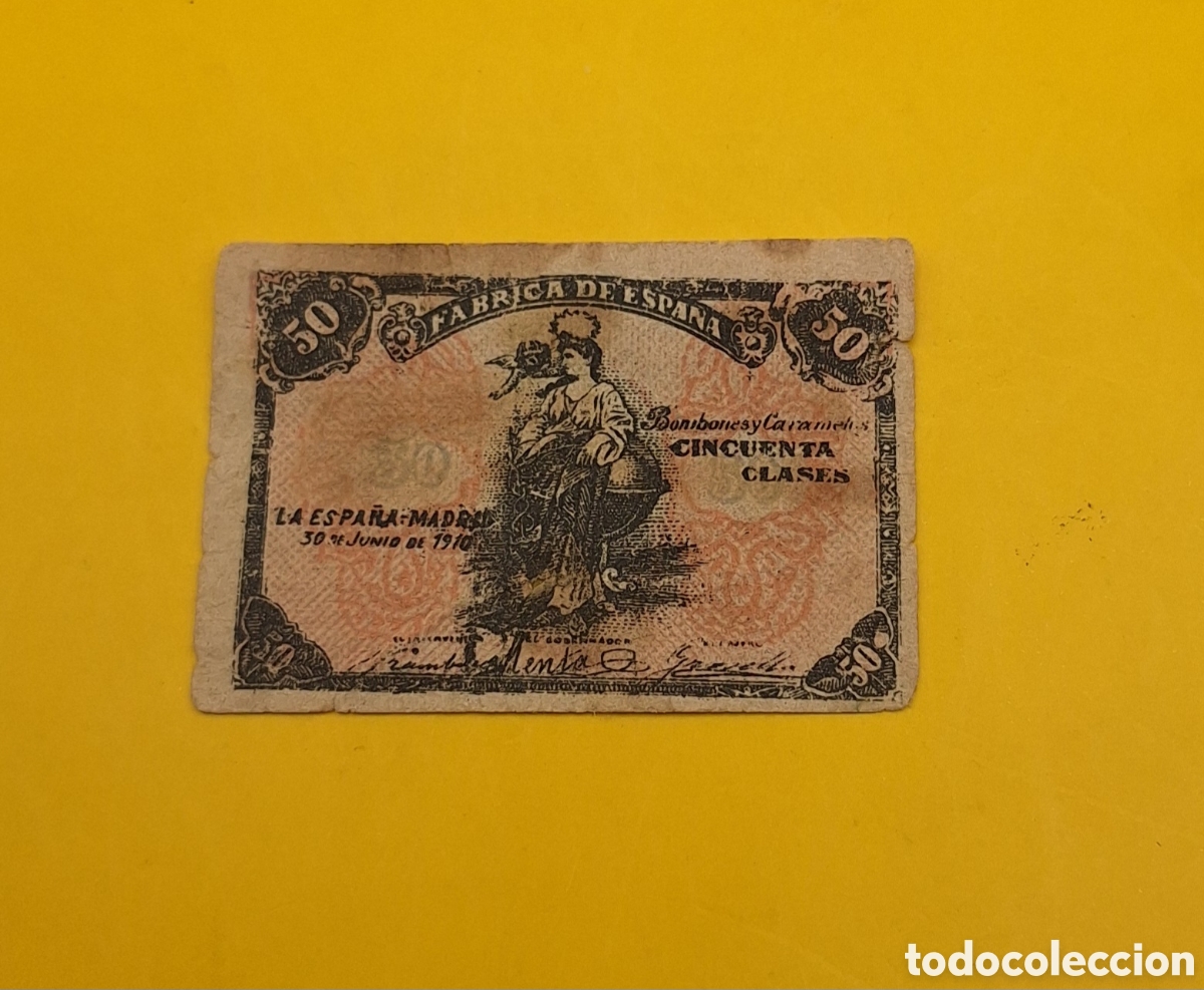 Otros Art&iacute;culos de Coleccionismo en Papel: Antigua Etiqueta Simulando Billete Publicidad F&aacute;brica Bombones y Caramelos La Espa&ntilde;a - 1910 - Madrid