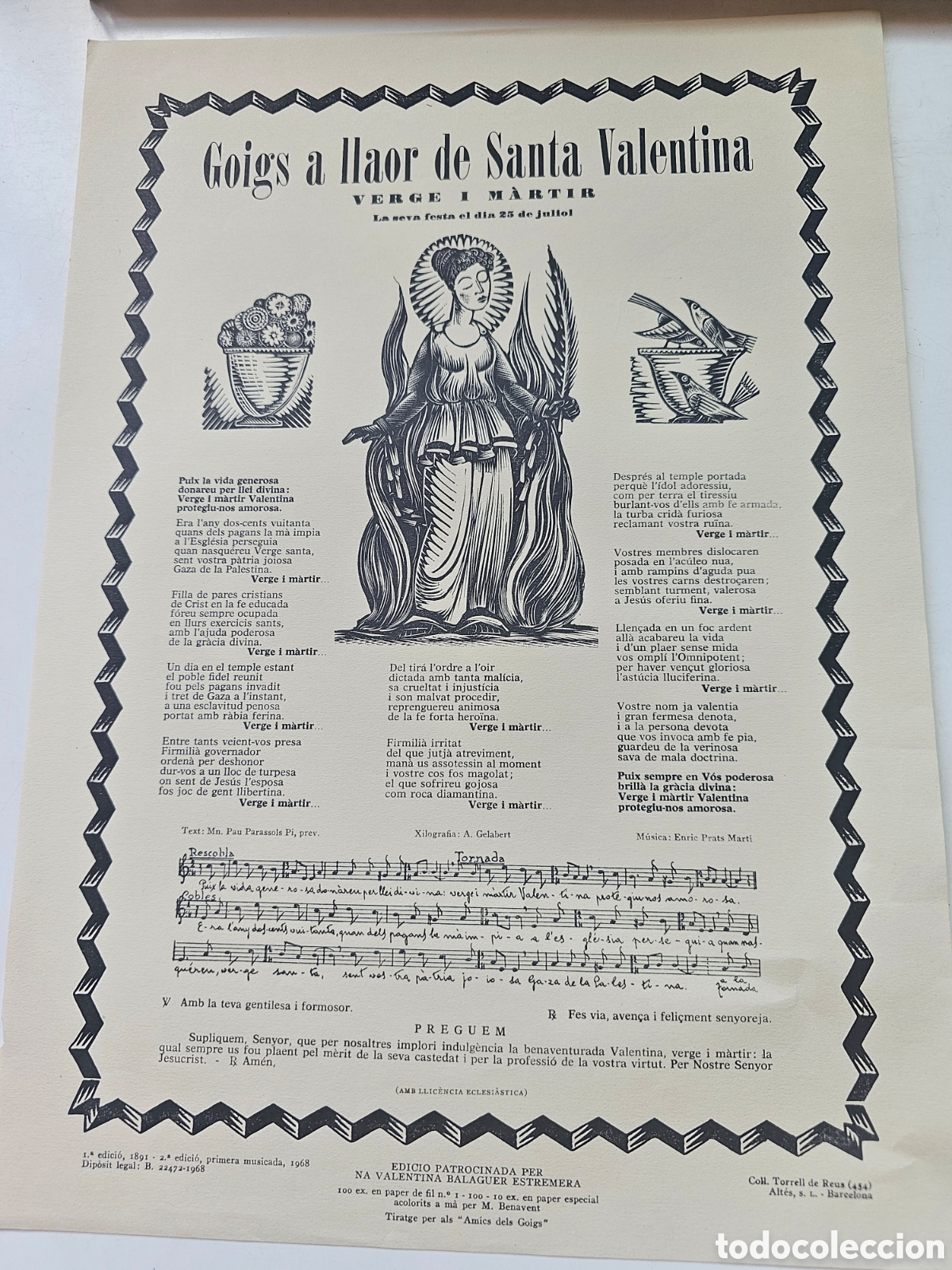 Otros Art&iacute;culos de Coleccionismo en Papel: Goigs Gozos a Santa Valentina, Torrell de Reus 434 1968 1891
