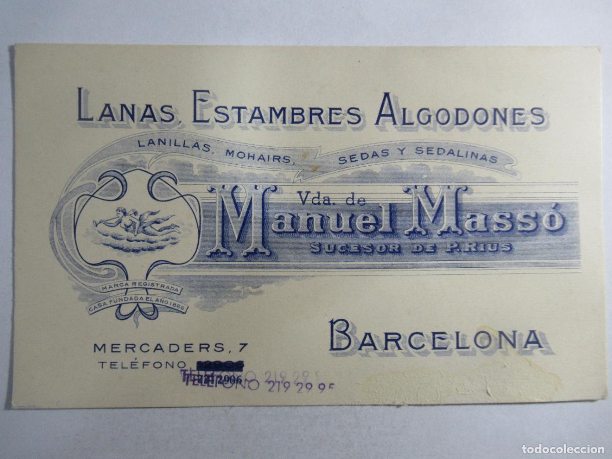 Otros Art&iacute;culos de Coleccionismo en Papel: Lanas Estambres Algodones Vda. de Manuel Mass&oacute; - Barcelona - 14,5 x 9 cm. - escrita en reverso