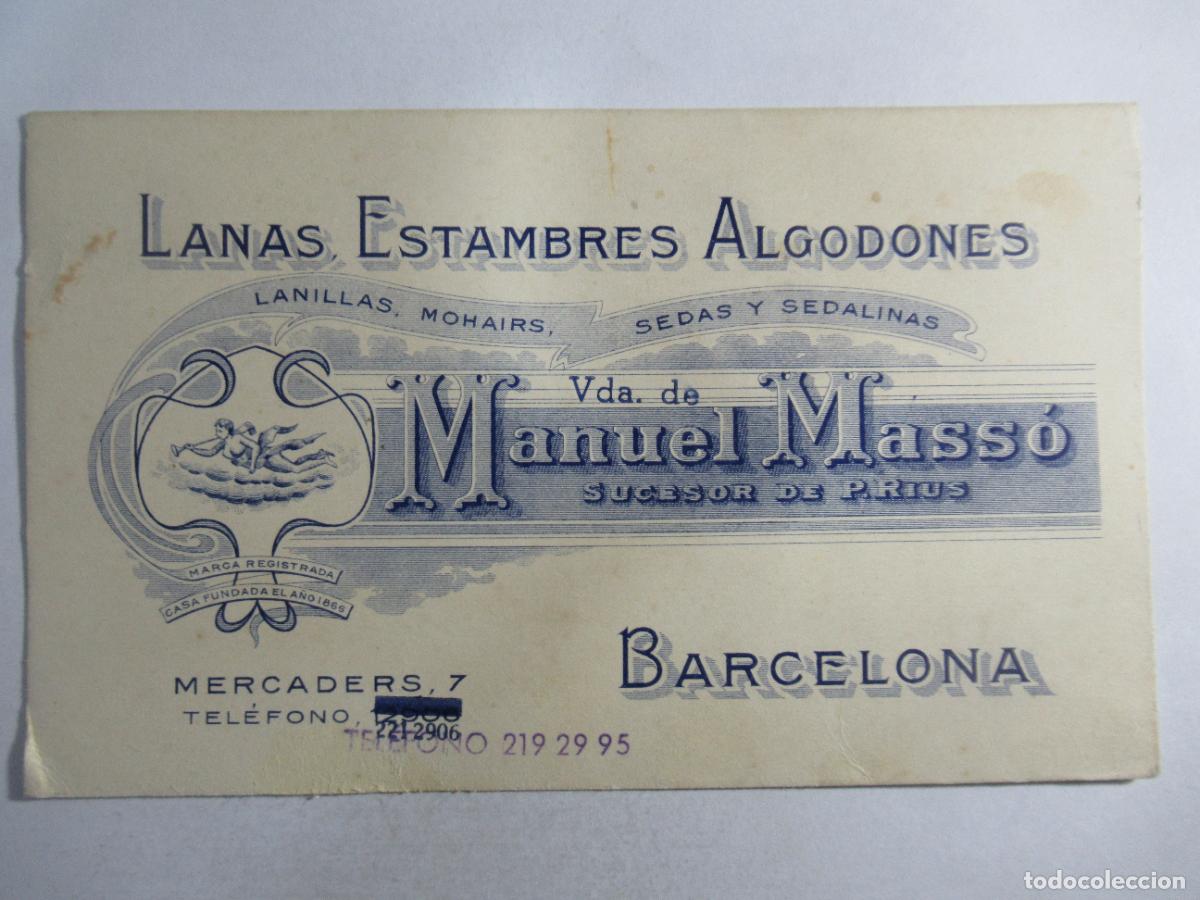 Otros Art&iacute;culos de Coleccionismo en Papel: Lanas Estambres Algodones Vda. de Manuel Mass&oacute; - Barcelona - 14,5 x 9 cm. - escrita en reverso