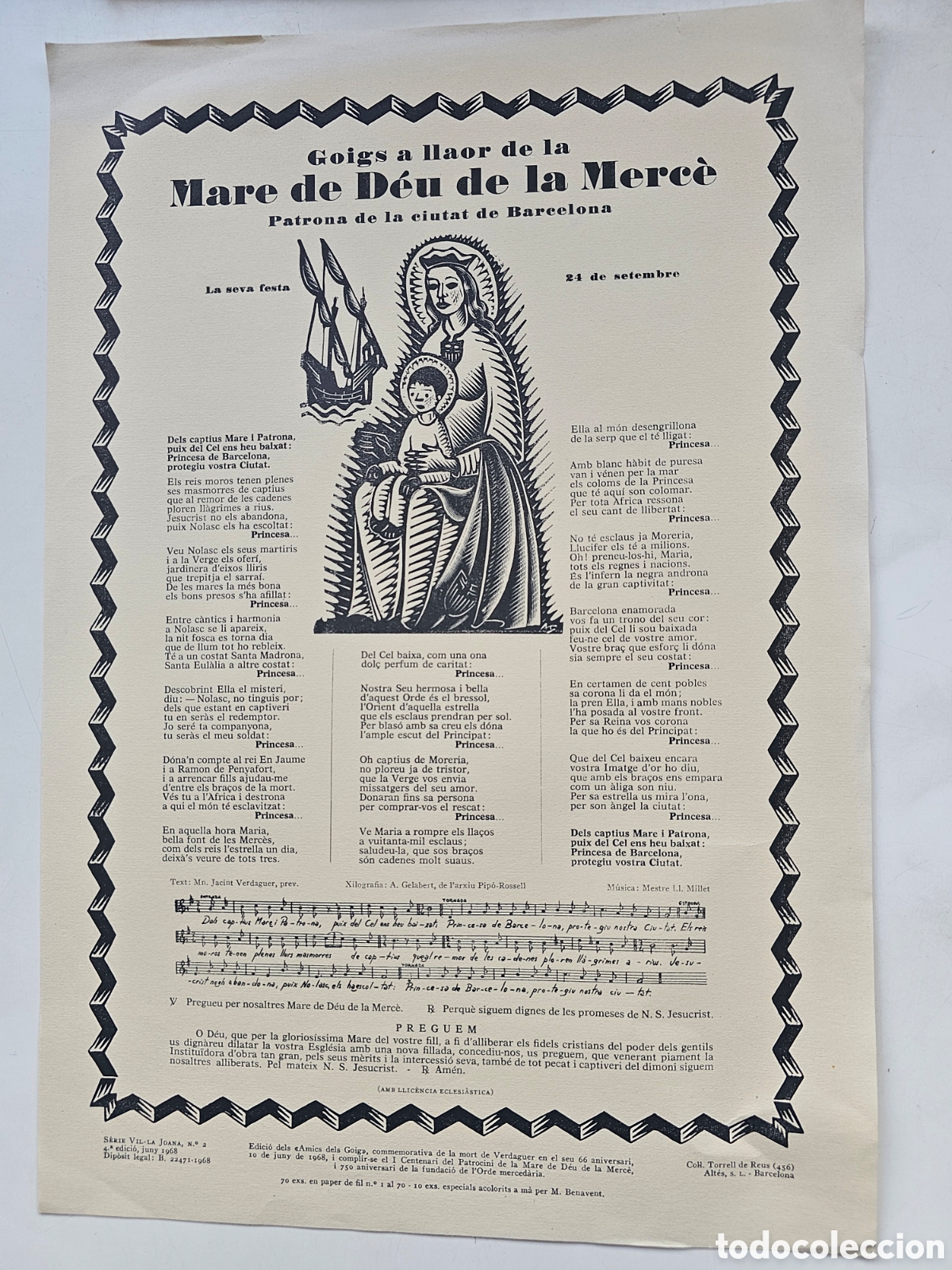 Otros Art&iacute;culos de Coleccionismo en Papel: Goigs Gozos a la Mare de D&eacute;u de la Merc&egrave; 1968 Torrell Barcelona 456