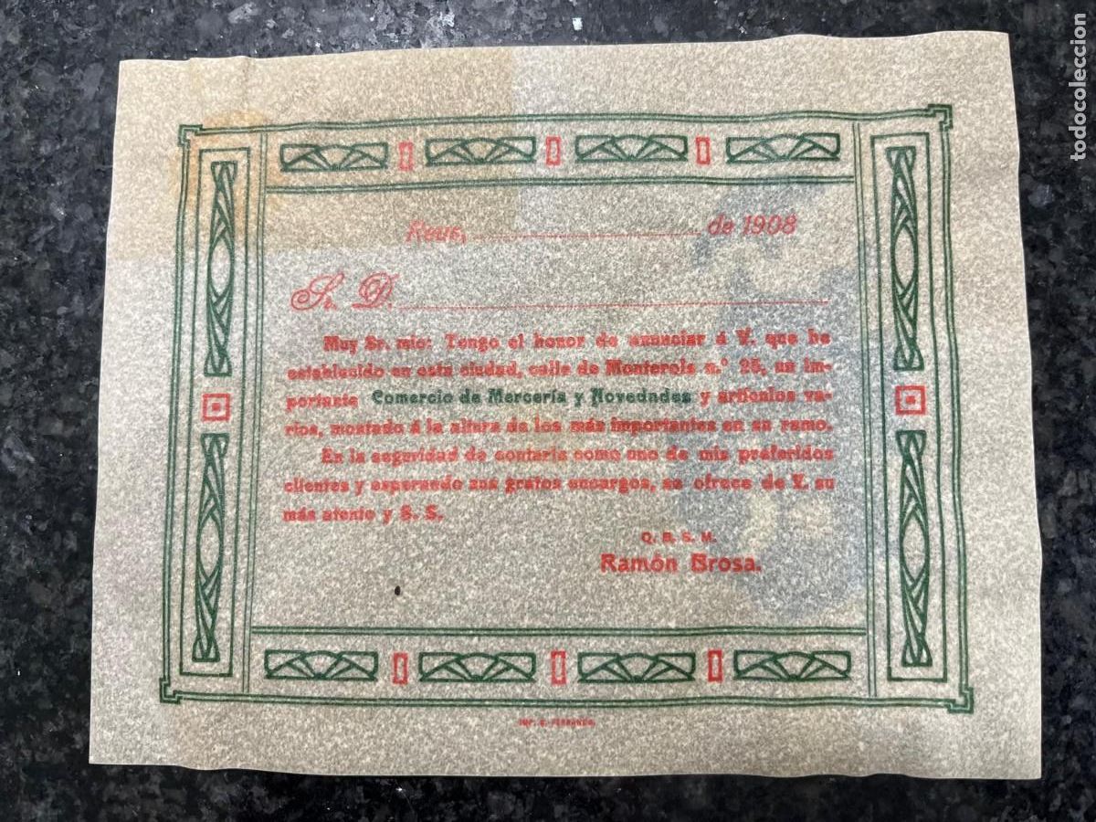 Otros Art&iacute;culos de Coleccionismo en Papel: tarjeta 15x11 ctms. Ram&oacute;n Brosa Comercio de Mercer&iacute;a Reus 1908