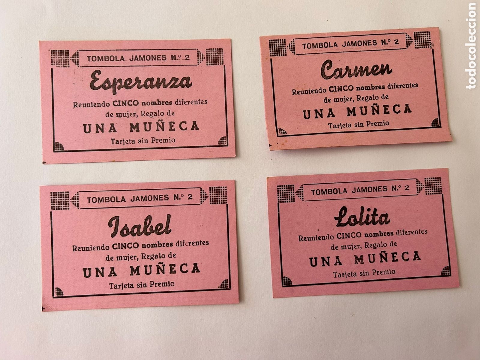 Paper Collecting Others: Lote de 4 papeletas de nombres premio mu&ntilde;eca T&oacute;mbola de los jamones n&ordm; 2 siempre toca - antiguo