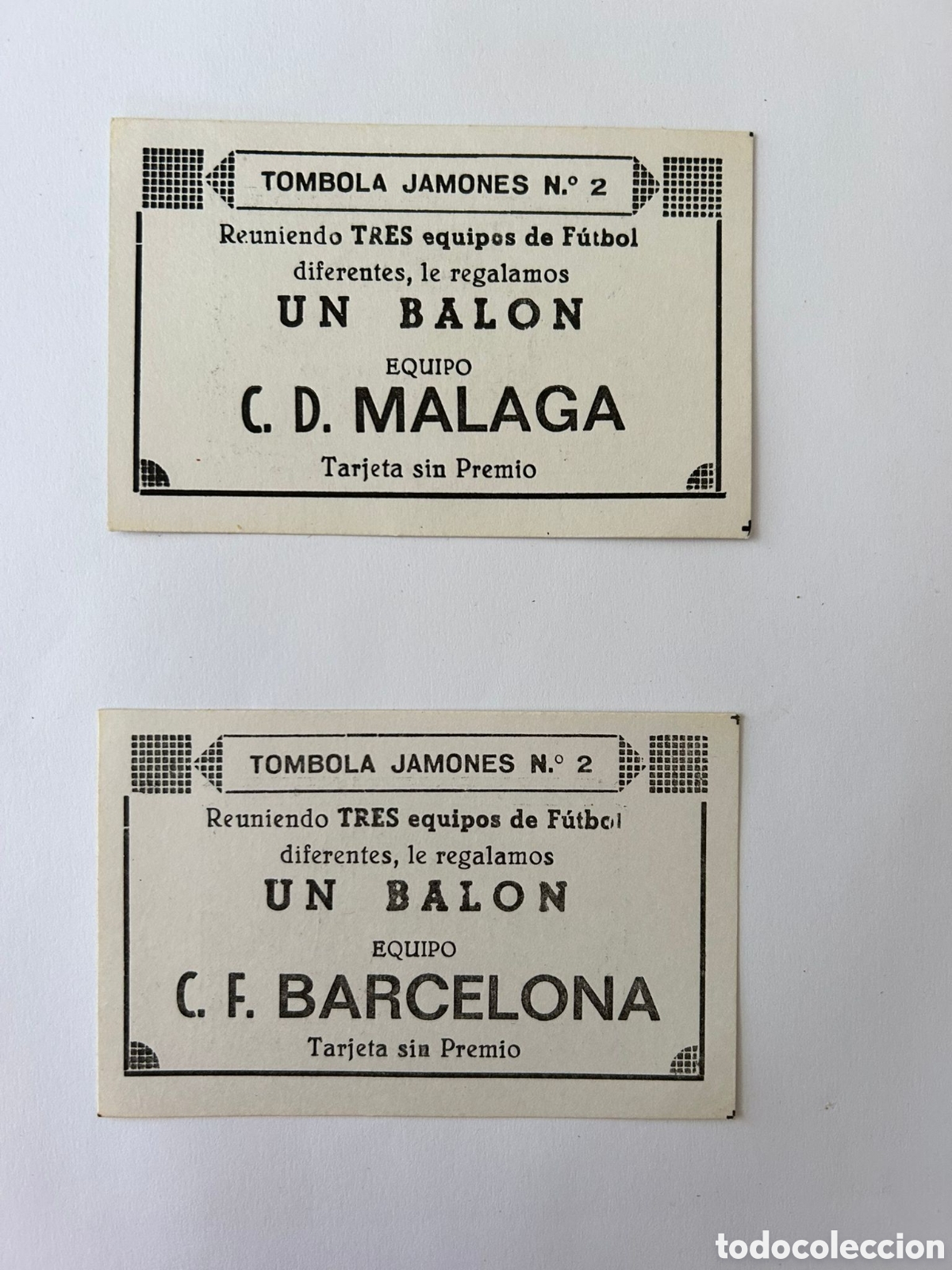 Otros Art&iacute;culos de Coleccionismo en Papel: Lote 2 papeletas premio bal&oacute;n de futbol c.d M&aacute;laga y F.C Barcelona T&oacute;mbola jamones siempre toca
