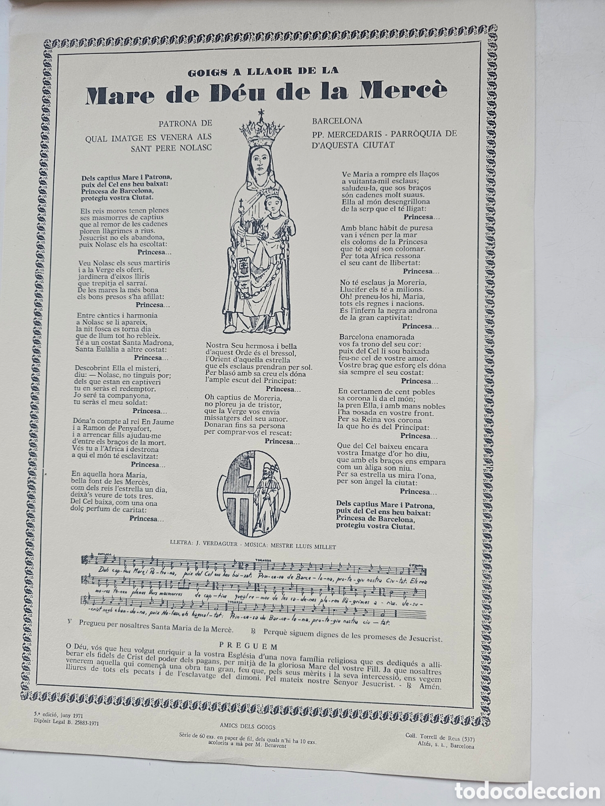 Otros Art&iacute;culos de Coleccionismo en Papel: Goigs Gozos a la Mare de D&eacute;u de la Merc&egrave; Barcelona 1971 Parr&ograve;quia Sant Pere Nolasc 537 TORRELL Reus