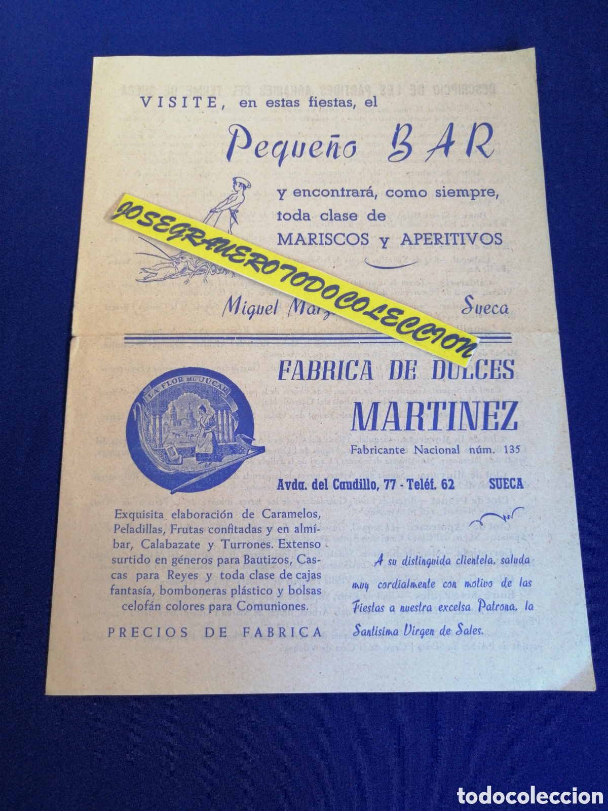 Otros Art&iacute;culos de Coleccionismo en Papel: F&Aacute;BRICA DE DULCES -LA FLOR DEL JUCAR - PEQUE&Ntilde;O BAR (SUECA)VALENCIA FOLLETO ANTIGUO