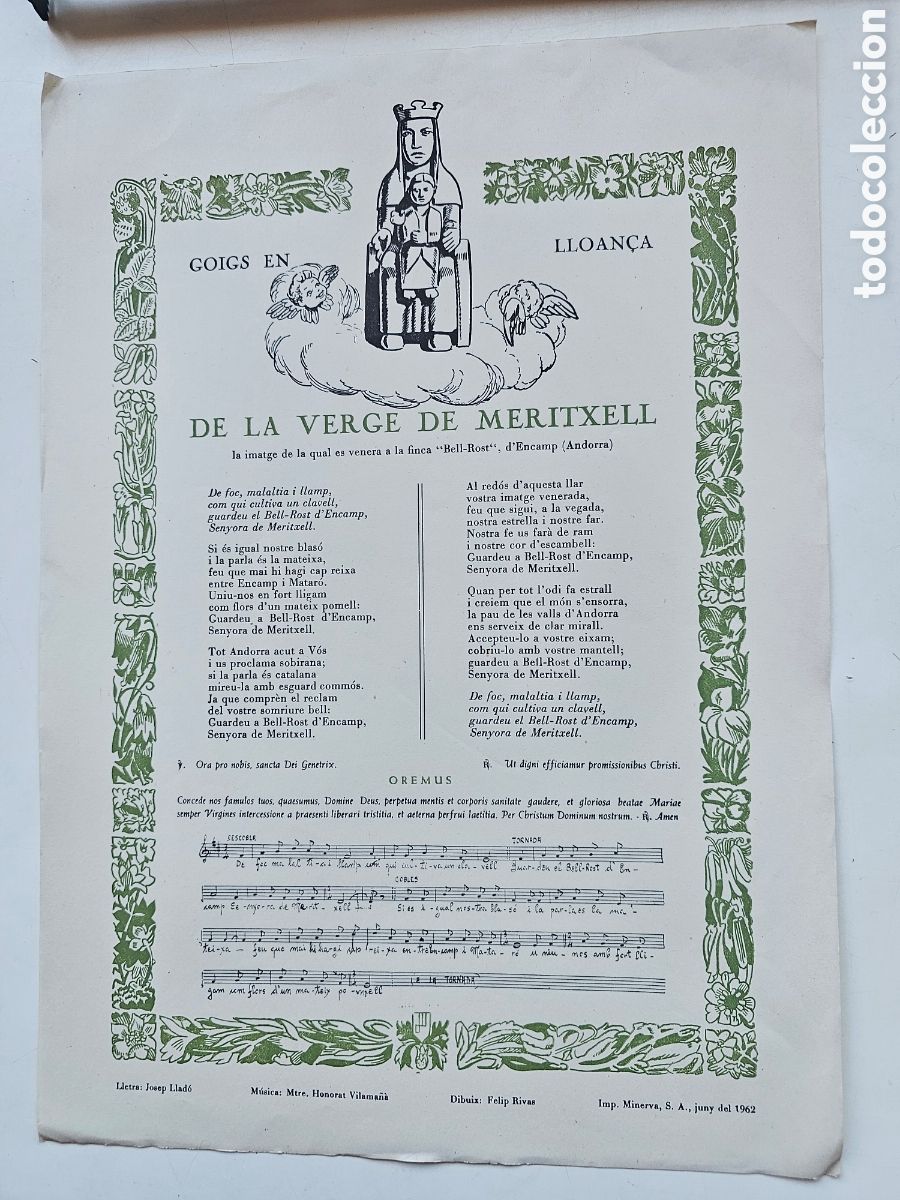 Otros Art&iacute;culos de Coleccionismo en Papel: Goigs Gozos a la Verge de Meritxell, Finca Bell Rost d'Encamp, Andorra 1962