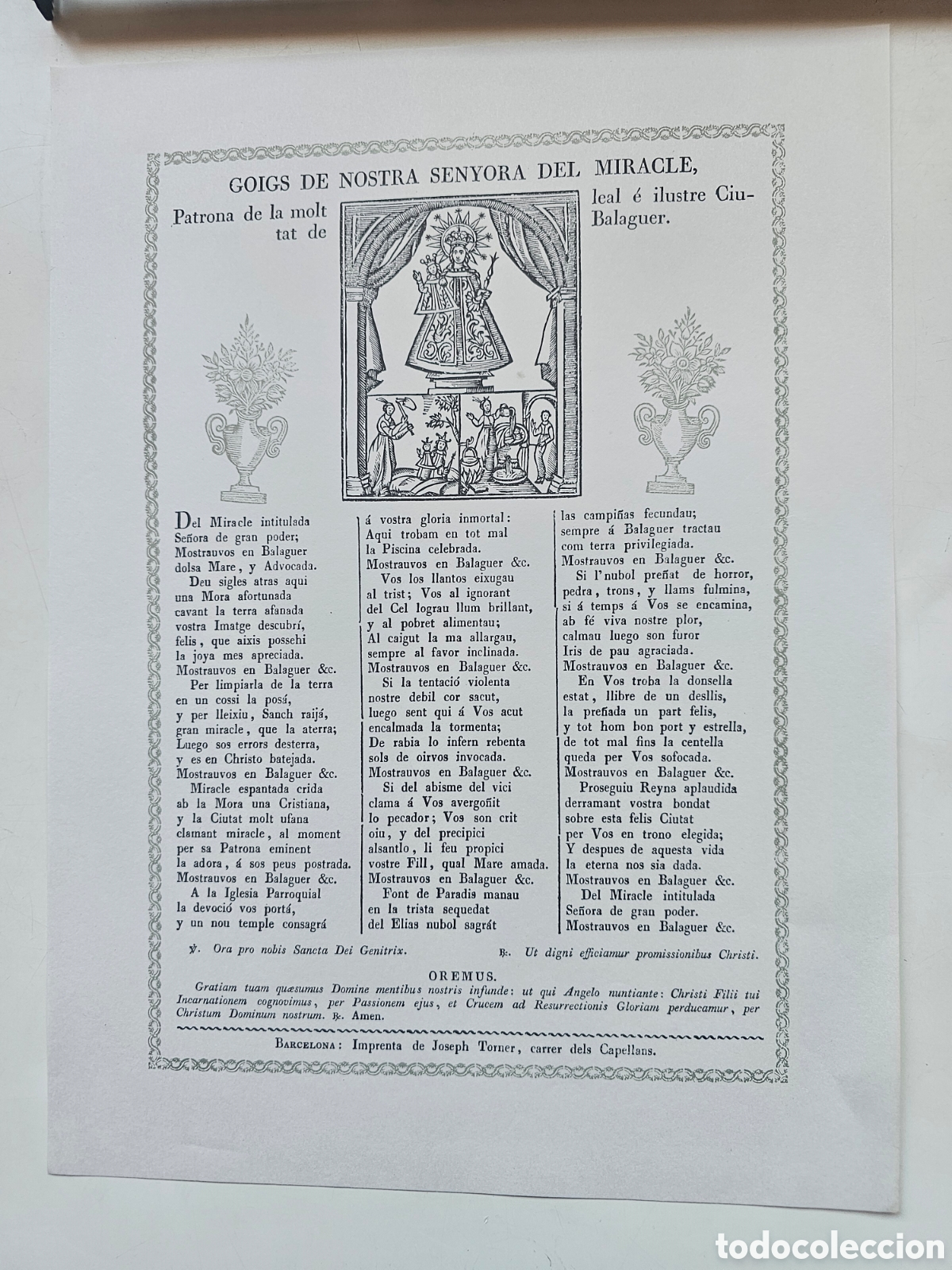 Otros Art&iacute;culos de Coleccionismo en Papel: Goigs Gozos a Nostra Senyora del Miracle, Balaguer. Imprenta Joseph Torner