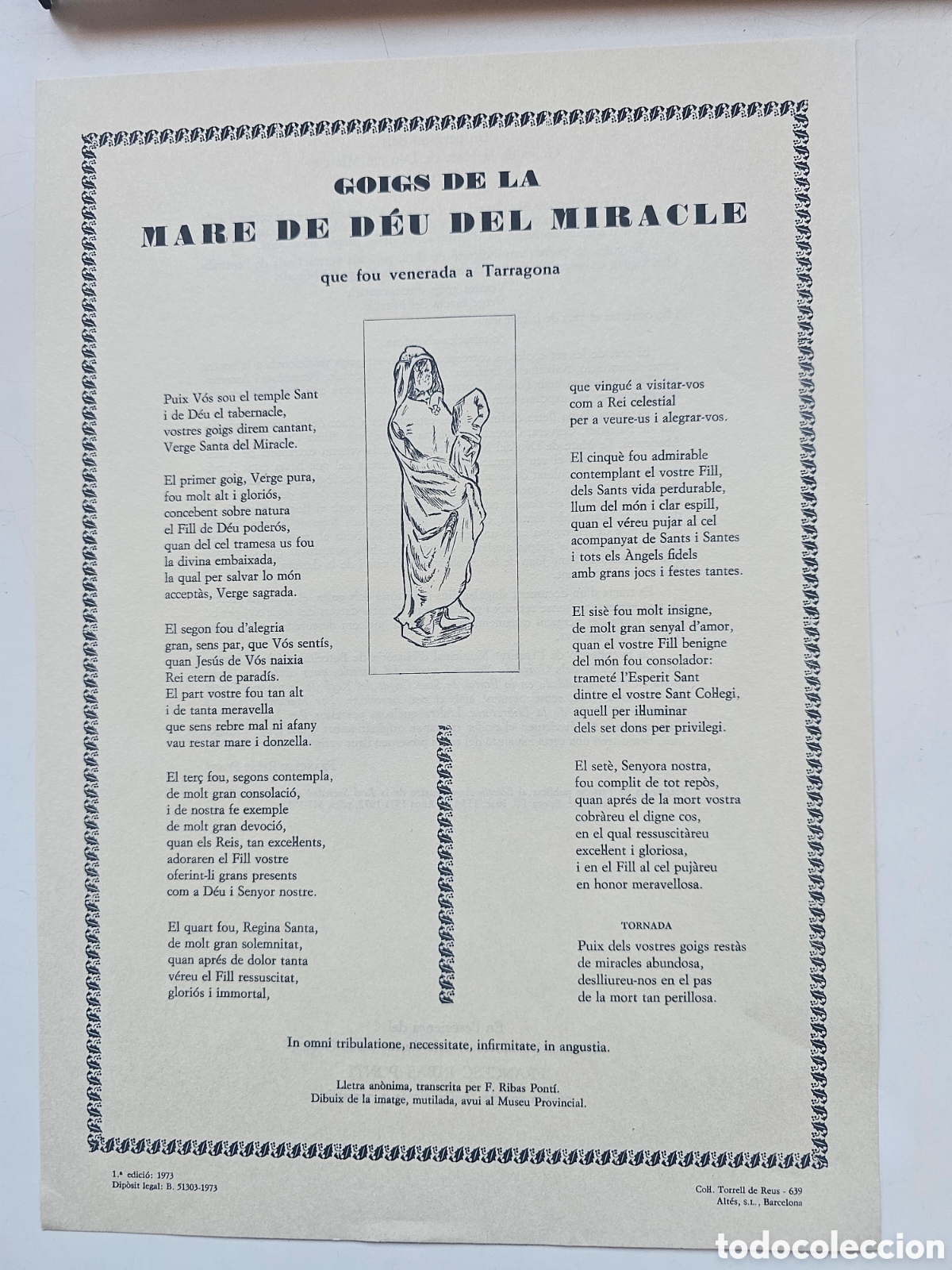 Otros Art&iacute;culos de Coleccionismo en Papel: Goigs Gozos a la Mare de D&eacute;u del Miracle, Tarragona Torrell 639 1971