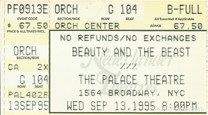 Otros Art&iacute;culos de Coleccionismo en Papel: Entrada Beauty and the Beast. The Palace Theatre. Broadway. 1995. Ticketmaster. 5x8,5 cm.