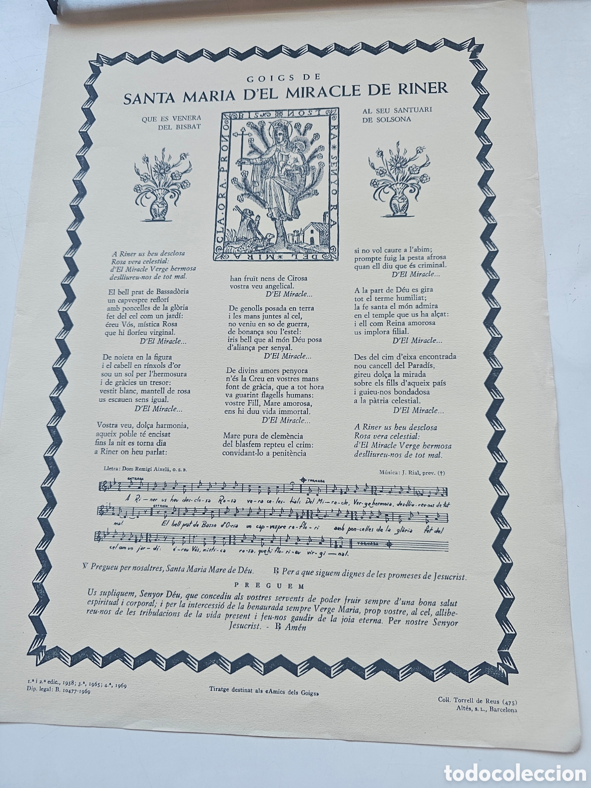 Otros Art&iacute;culos de Coleccionismo en Papel: Goigs Gozos a Santa Maria del Miracle de Riner 1969 Torrell de Reus 475