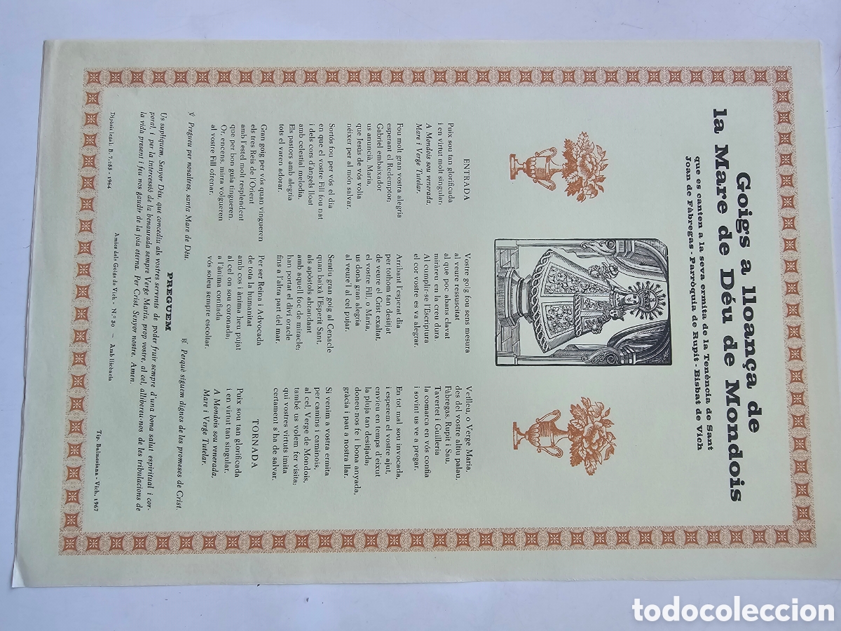 Otros Art&iacute;culos de Coleccionismo en Papel: Goigs Gozos a la Mare de D&eacute;u de Mondois Rupit 1967 Amics dels Goigs n&deg;30