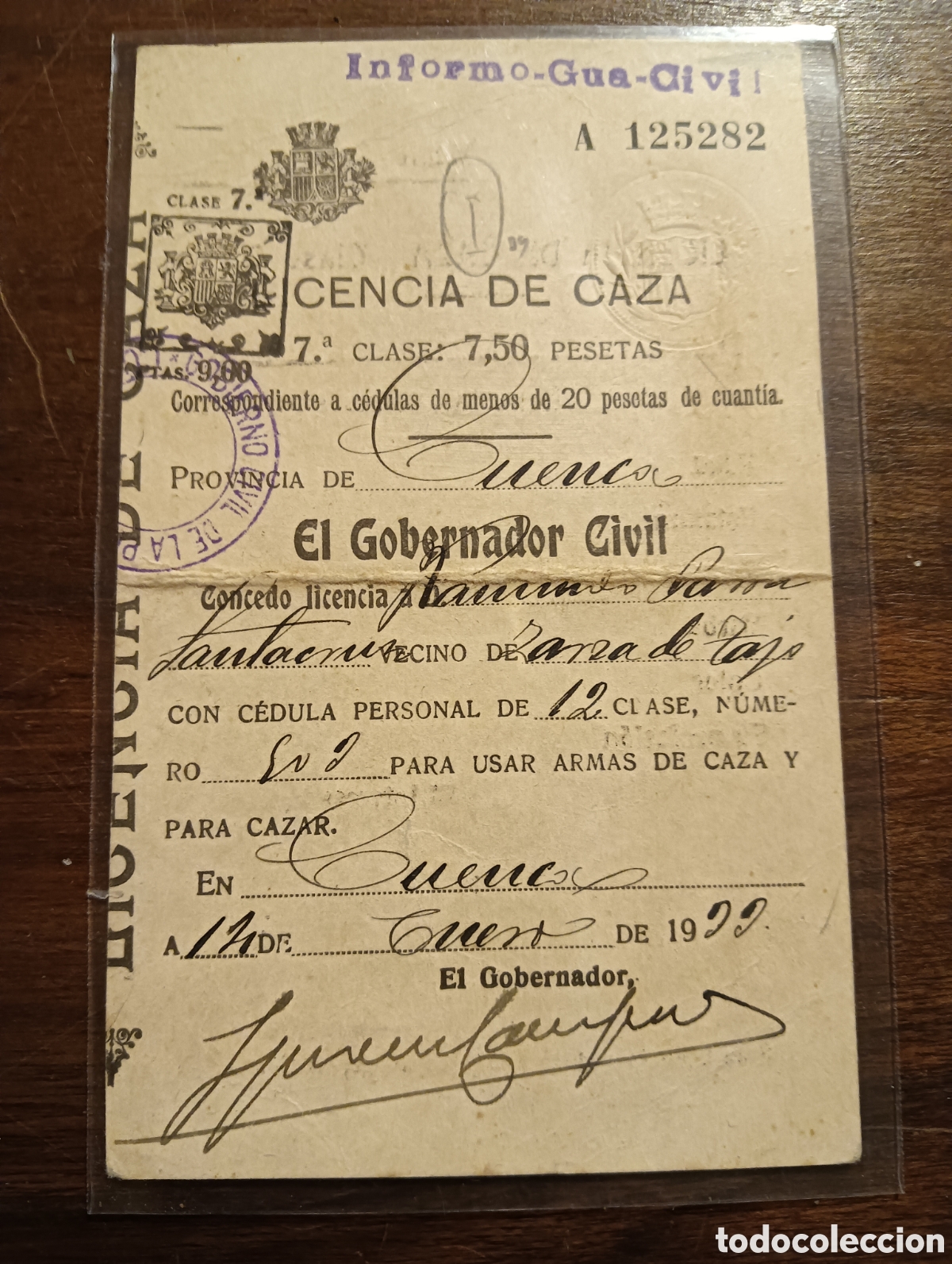 Otros Art&iacute;culos de Coleccionismo en Papel: Antigua licencia de caza