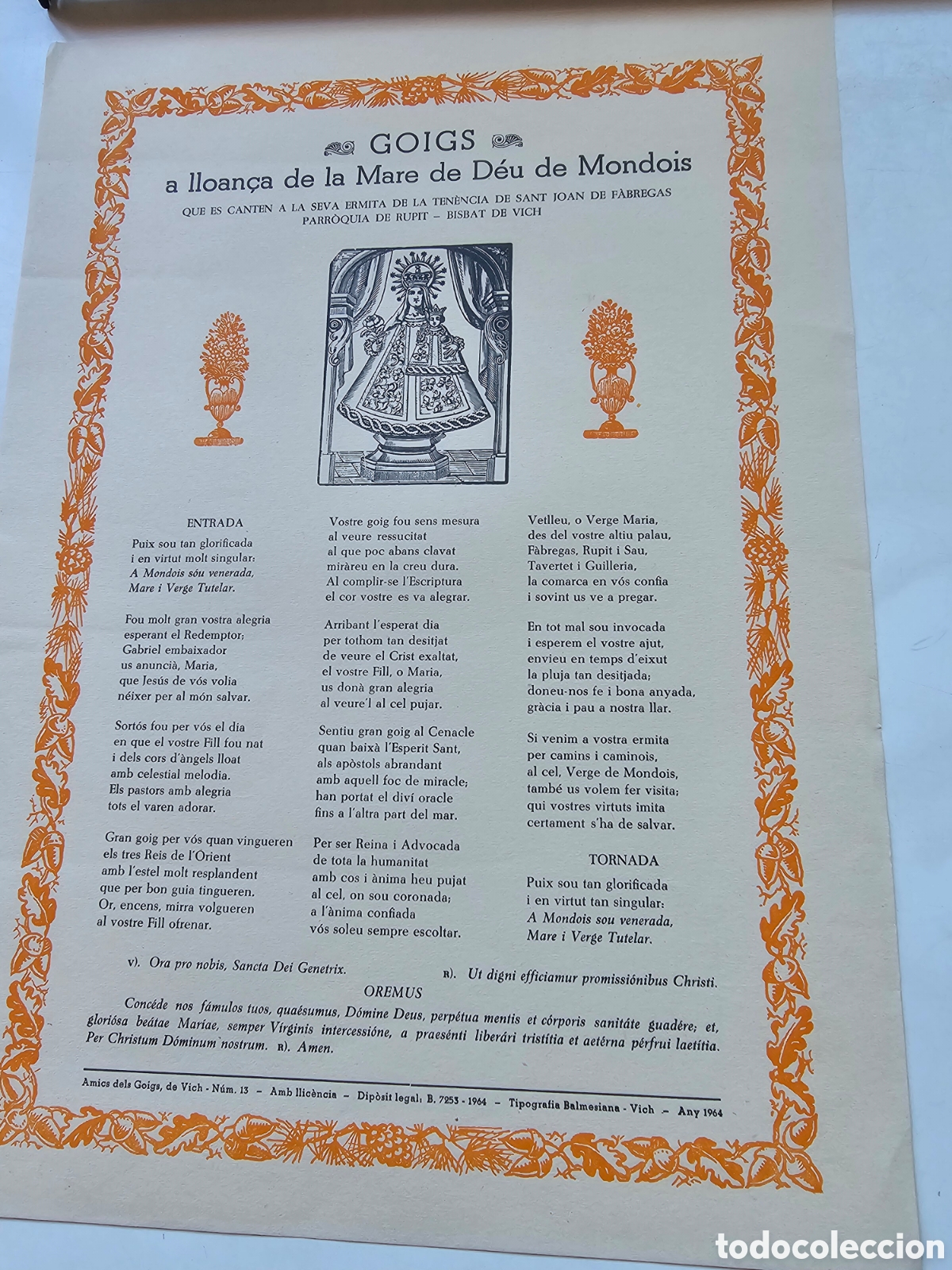 Otros Art&iacute;culos de Coleccionismo en Papel: Goigs Gozos a la Mare de D&eacute;u de Mondois Rupit Amics Goigs 13 St. JOAN de F&agrave;bregues